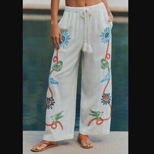 New XS Anthropologie Celandine embroidered linen-blend wide-leg white pants